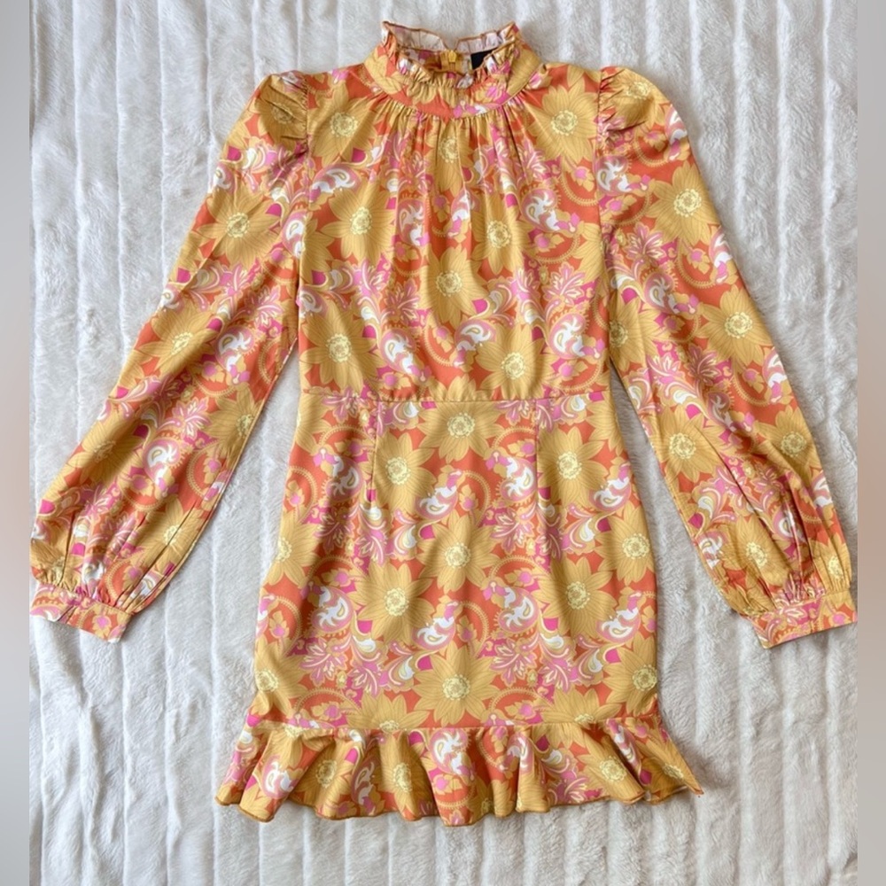 NWT CIDER orange yellow retro floral long sleeve ruffle hem mini dress - Picture 2 of 9